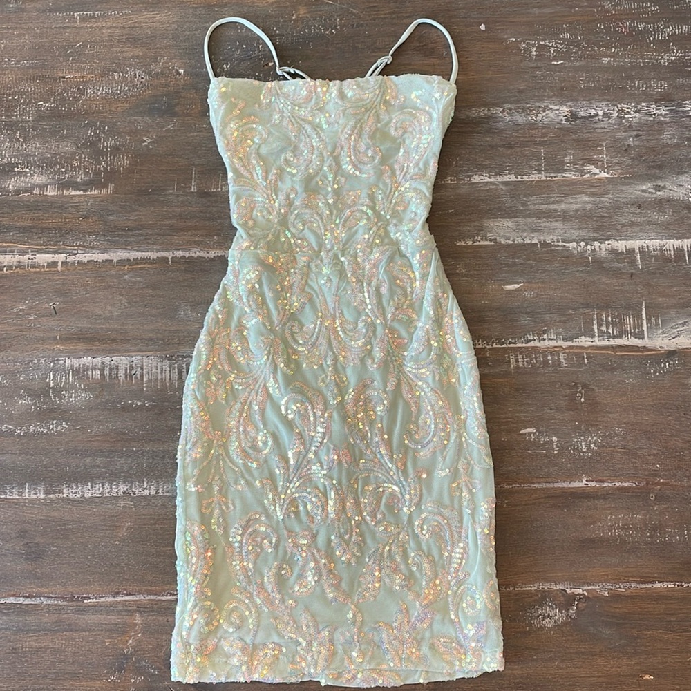 Sequin seafoam green cocktail homecoming prom formal dress